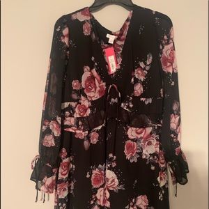 NWT Xhiliration Sz Sm black w/ pink floral chiffon feminine dress.